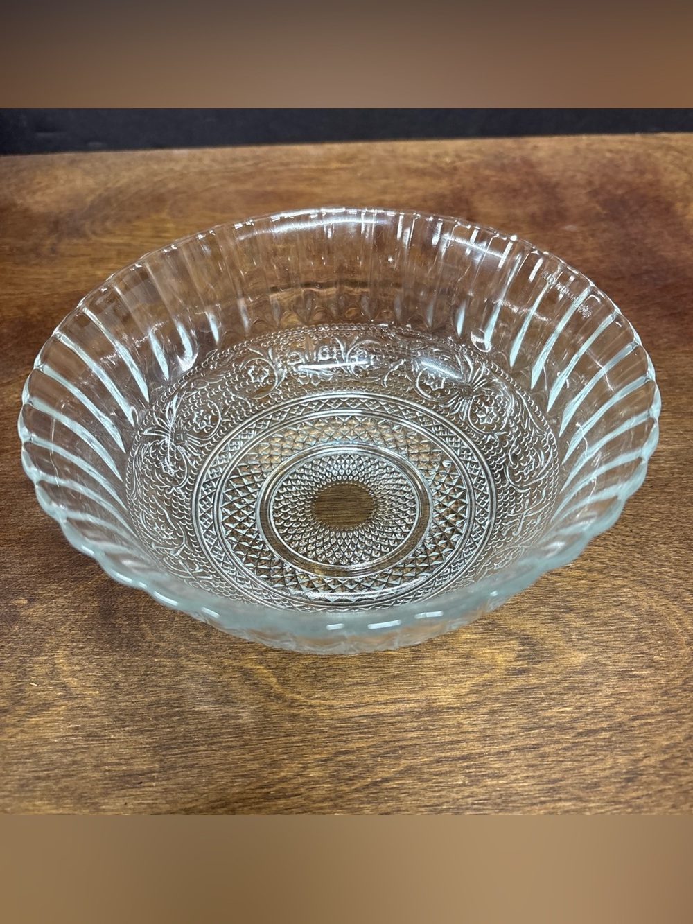 Kig Indonesia Clear Pressed Glass Serving Bowl - Intricate Pattern